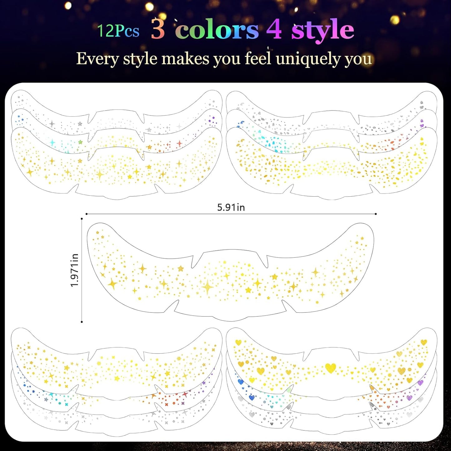 HyperFun 12Pcs Face Glitter Freckles, Face Glitter Fake Freckles Sticker, Gold Sliver Holographic Multichrome Waterproof Sparkle Freckles Makeup Patches for Women Rave Festival Accessories Party Prom