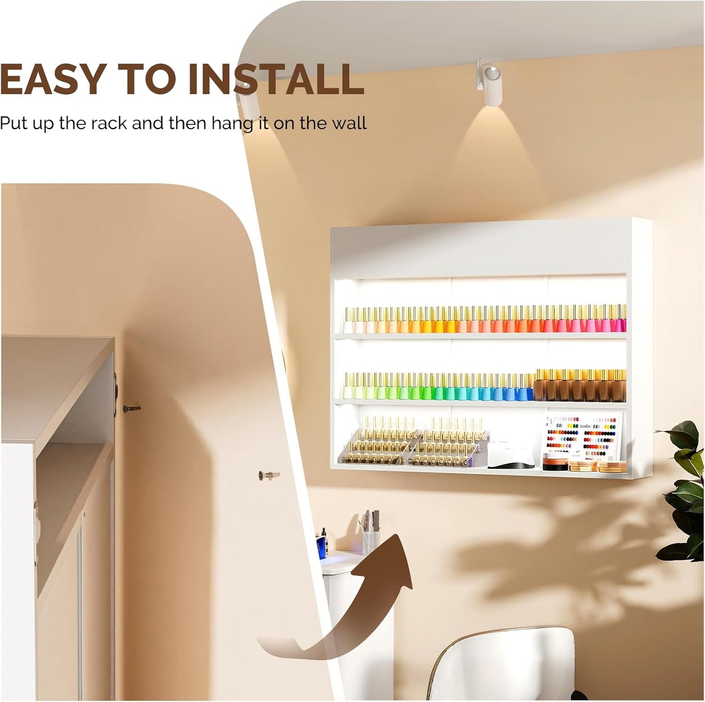 OmySalon Wall Mounted Display Rack, 47.6-Inch 3-Tier LED Nail Polish Organizer Shelf with USB Touch Control, for Nail Salon, Spa, Beauty Studio Storage, Wooden Retail Display (White)