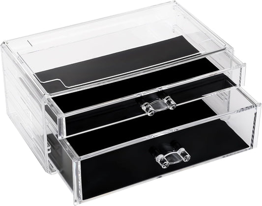 Sea Team Clear Makeup Organizer with Drawers, Acrylic Plastic Cosmetic Display Case, Jewelry Storage Box, Holder for Dresser, Bathroom, Vanity, Countertop (1 Large, 1 Middle Drawers)