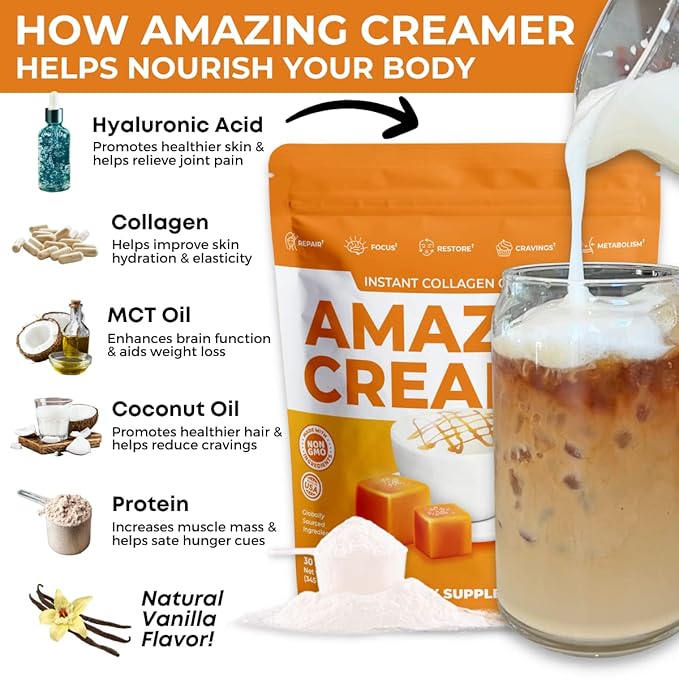 Superfoods Company Amazing Creamer with Collagen - Keto Creamer-Hyaluronic Acid & MCT Oil - Brain Boost & Curbs Cravings - Supports Healthy Skin & Hair - Diet-Friendly [60 Servings] [Salted Caramel]