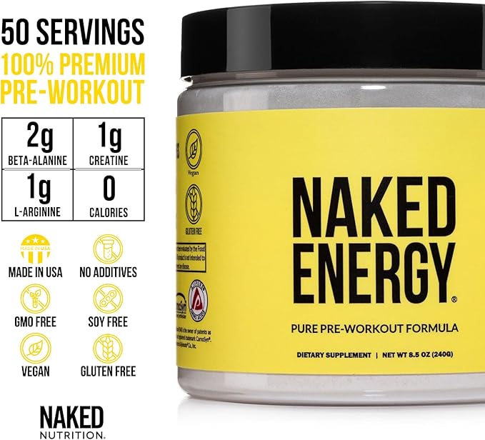 Naked Energy - Pure Pre Workout Powder for Men and Women, Vegan, Unflavored, Healthy Pre Workout - No Added Sweeteners, Colors Or Flavors - 50 Servings