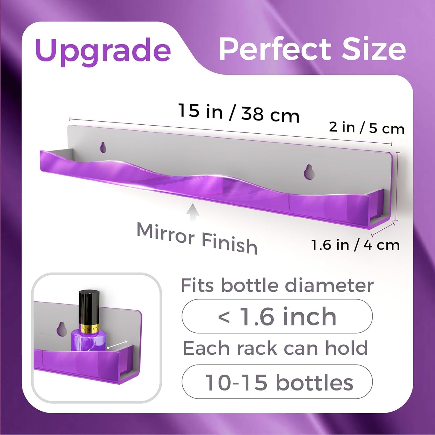 Wall-Mounted Nail Polish Organizer Rack - 15 Inch Purple Mirror Finish Nail Polish Shelf, Makeup & Beauty Essentials Storage - Multi-Purpose Display Holder for Small Space, Vanity Bathroom, 6 Pack