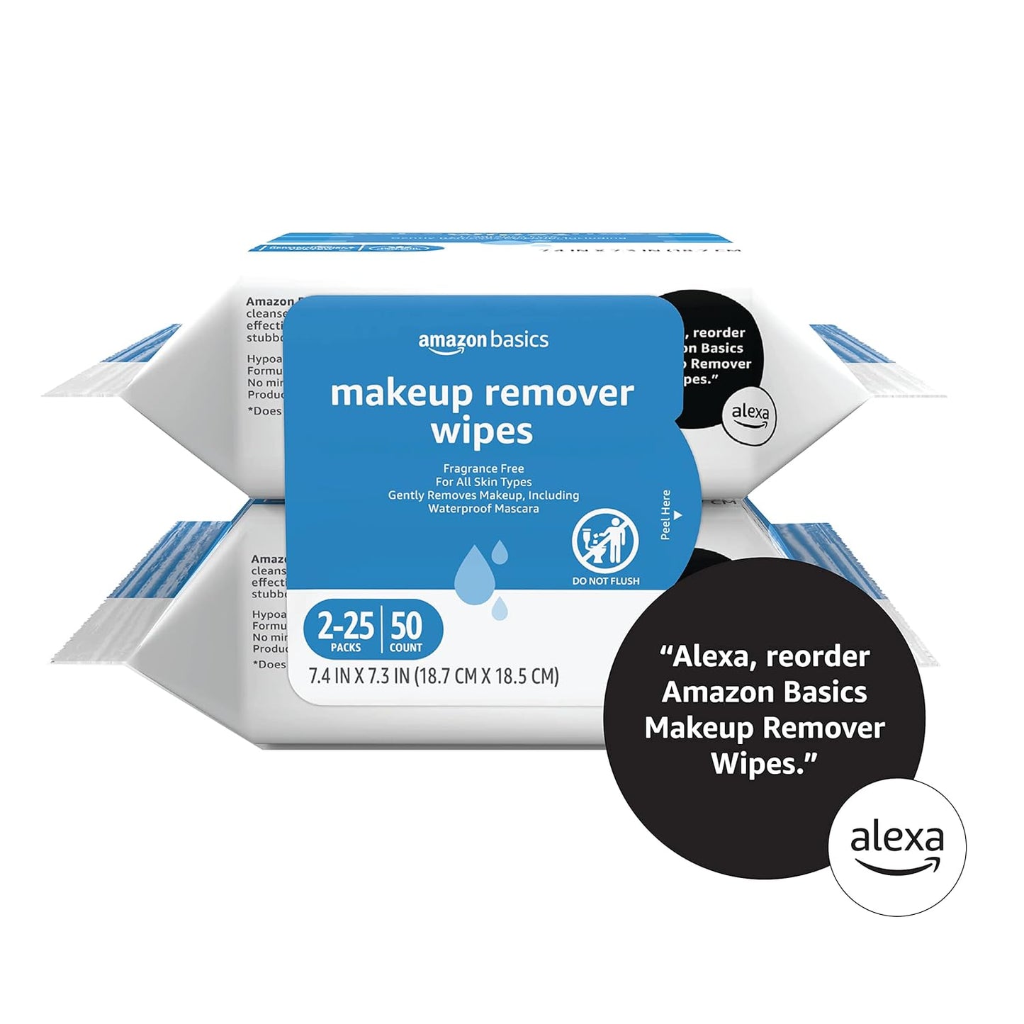 Amazon Basics Makeup Remover Wipes, Fragrance- and Alcohol-Free, Gentle Cleansing, Removes Waterproof Mascara, Dermatologist Tested, 25 Count, Pack of 2