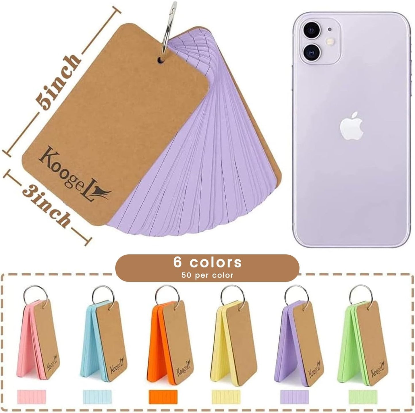 Koogel Index Cards 3x5 Inch with Ring, 300 Count, Colored Ruled Flash Cards for Studying, Heavyweight Lined Notecard for School Office Home Learning Memory Note Taking To Do List Supplies, 6 Colors