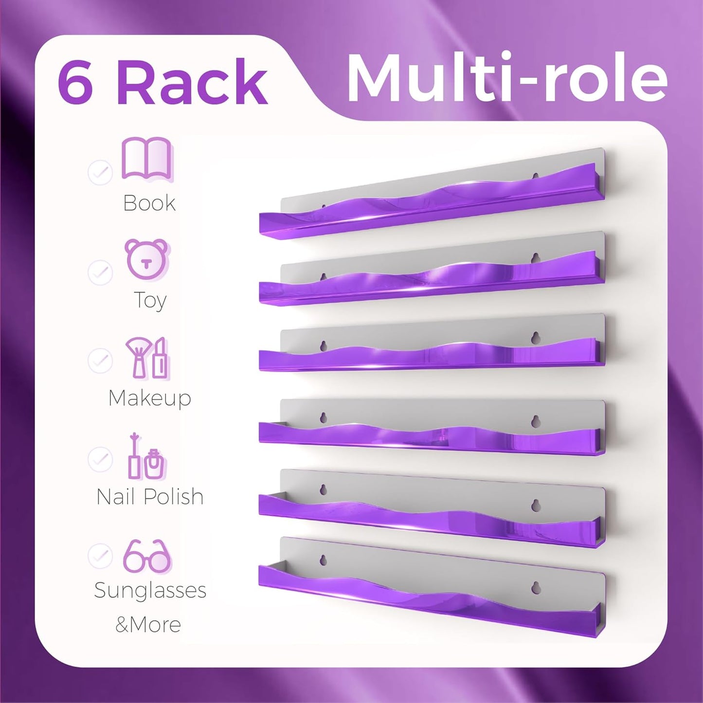 Wall-Mounted Nail Polish Organizer Rack - 15 Inch Purple Mirror Finish Nail Polish Shelf, Makeup & Beauty Essentials Storage - Multi-Purpose Display Holder for Small Space, Vanity Bathroom, 6 Pack