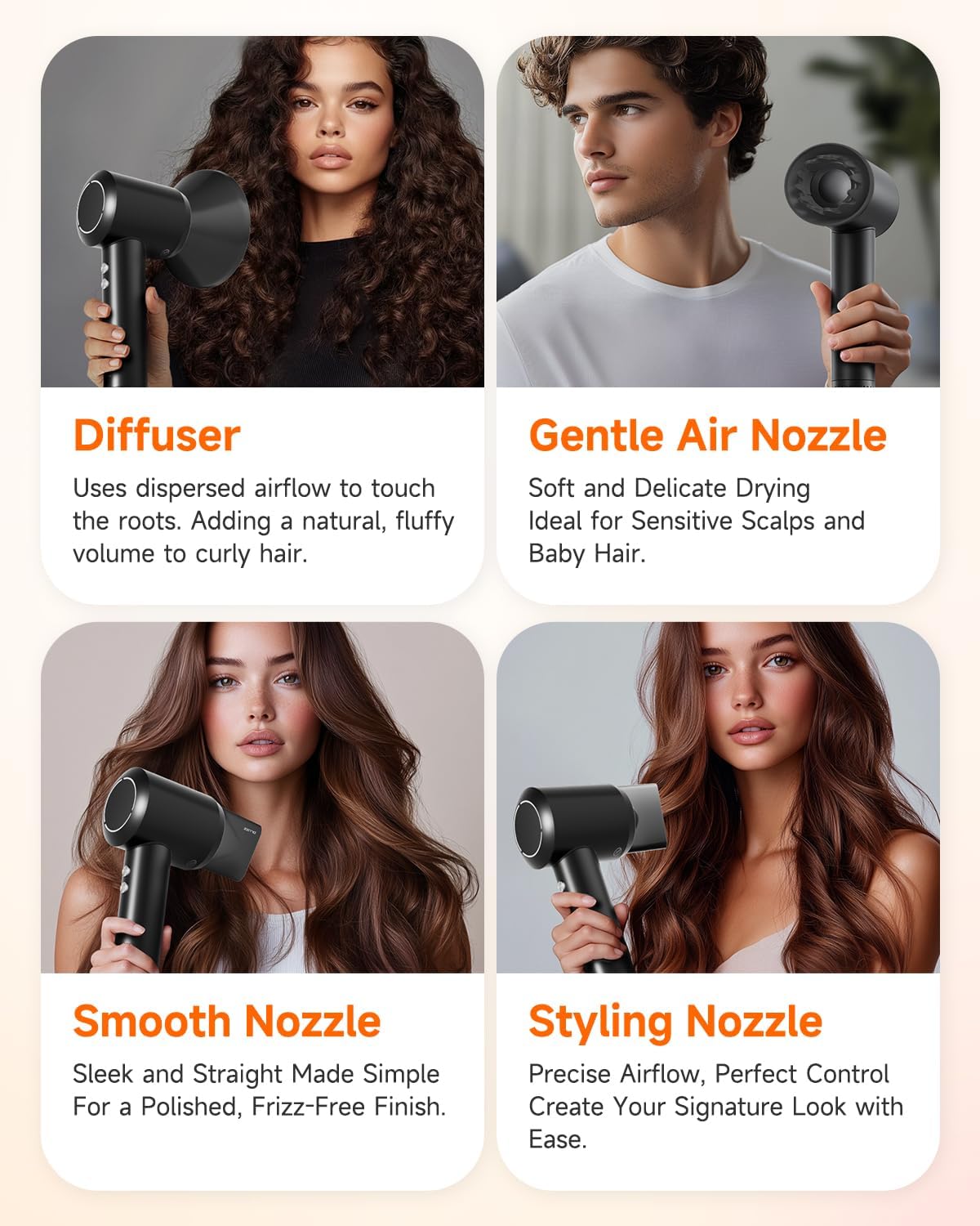 Hair Dryer with Comb & Diffuser Attachment for Curly Hair, PLUZZ 200M Negative Ionic Blow Dryer Brush, High-Speed Brushless Motor Hairdryer Fast, Portable Travel Hair Dryers Quiet, Women/Men/Kids