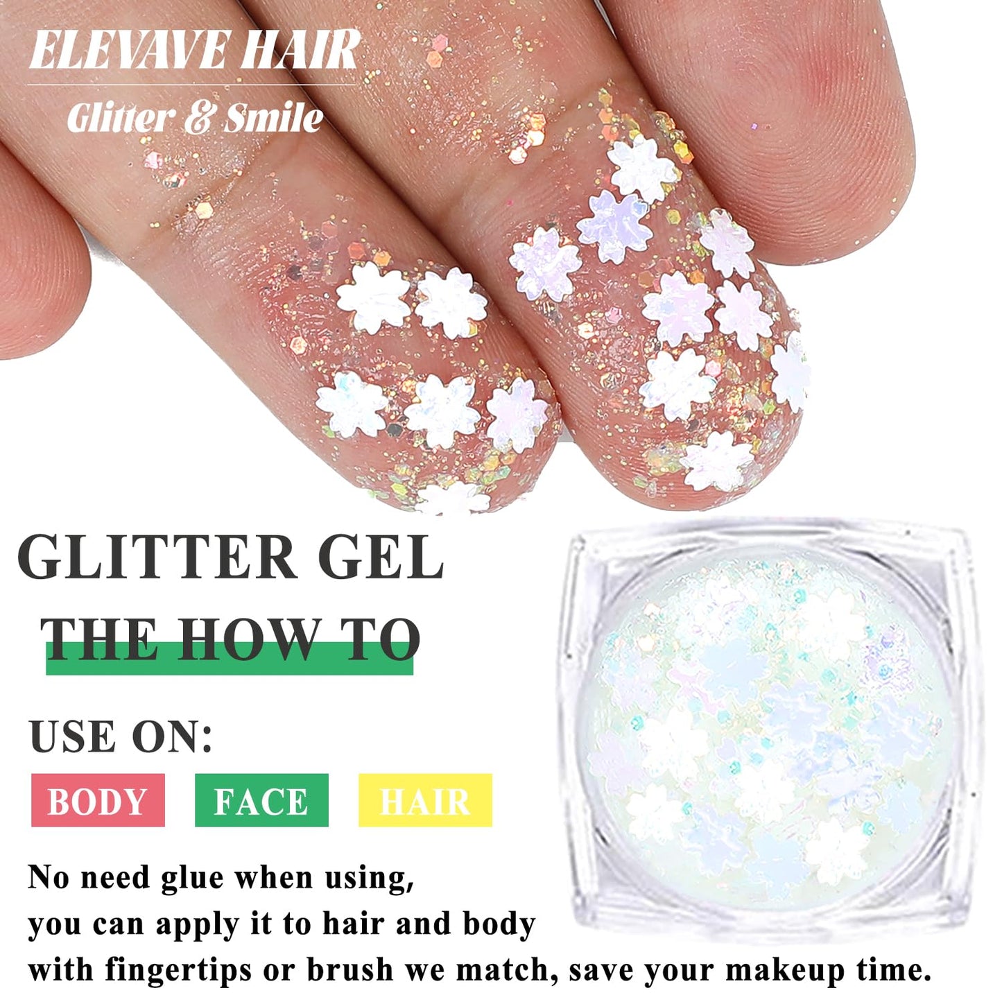 Body Glitter Face Glitter, Hair Glitter for Kids, 12 Shapes Fine Chunky Glitter Gel for Women Girls Makeup Sparkles Party Mermaid Sequins Rave Accessories Singer Concerts Festival (White Scheme)