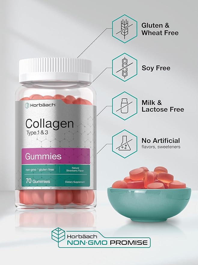 Horbäach Collagen Gummies | 70 Count | Strawberry Flavored Gummy | Hydrolyzed Collagen Type 1 and 3 | Non-GMO, Gluten Free