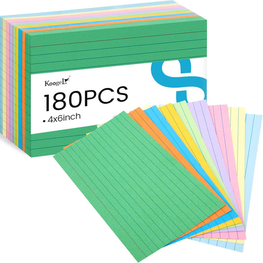Koogel Index Cards 4x6 Inch, 180 Count, Colored Large Flash Card for Studying, Heavy Notecard Note Taking for School Students Teachers College Office Home Supplies, 9 Assorted Colors