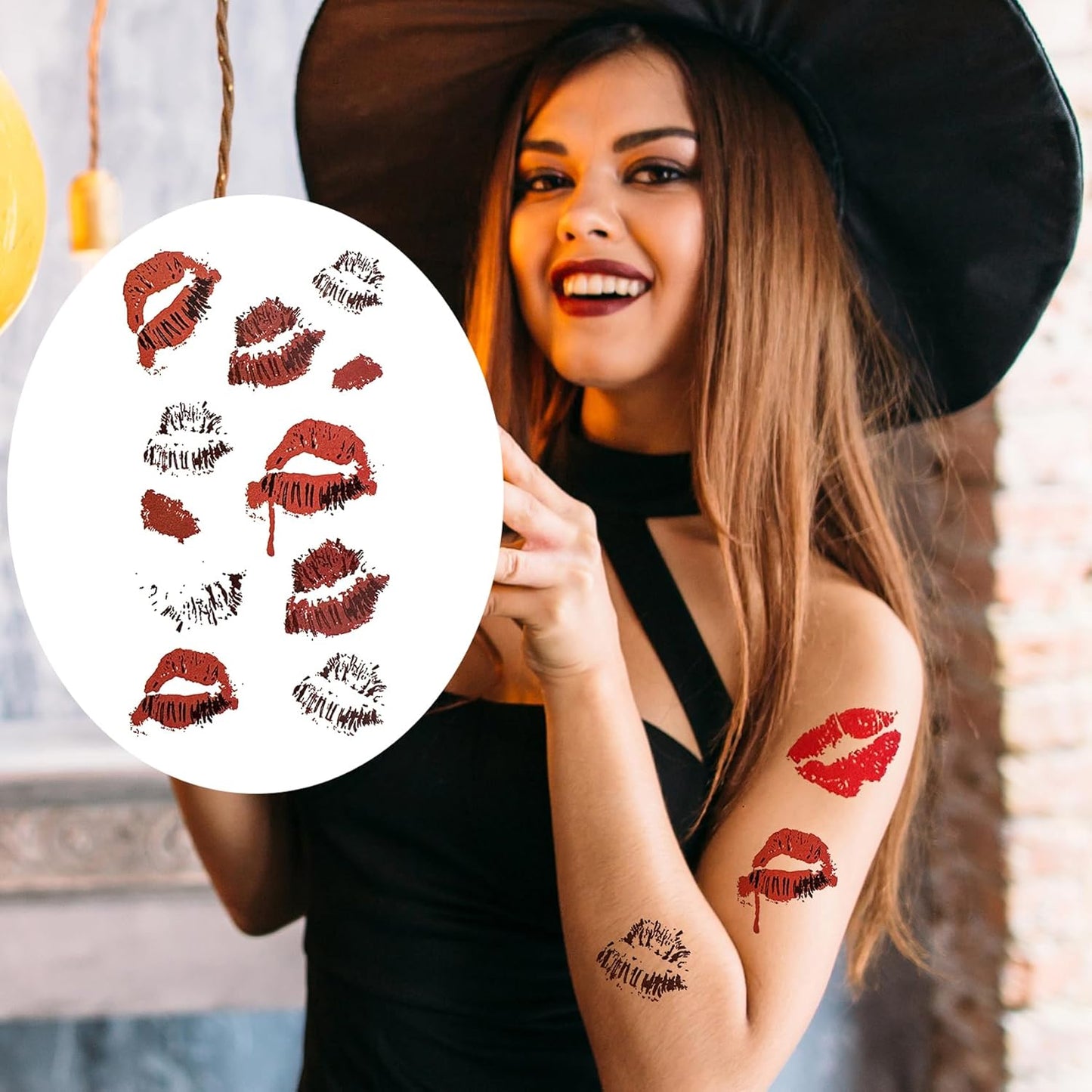 Halloween Temporary Tattoos, Red Bleeding Lips Tattoo Vampire Makeup for Kids Girls Women Men Face Body Halloween Party Cosplay Decorations, 6 Sheets