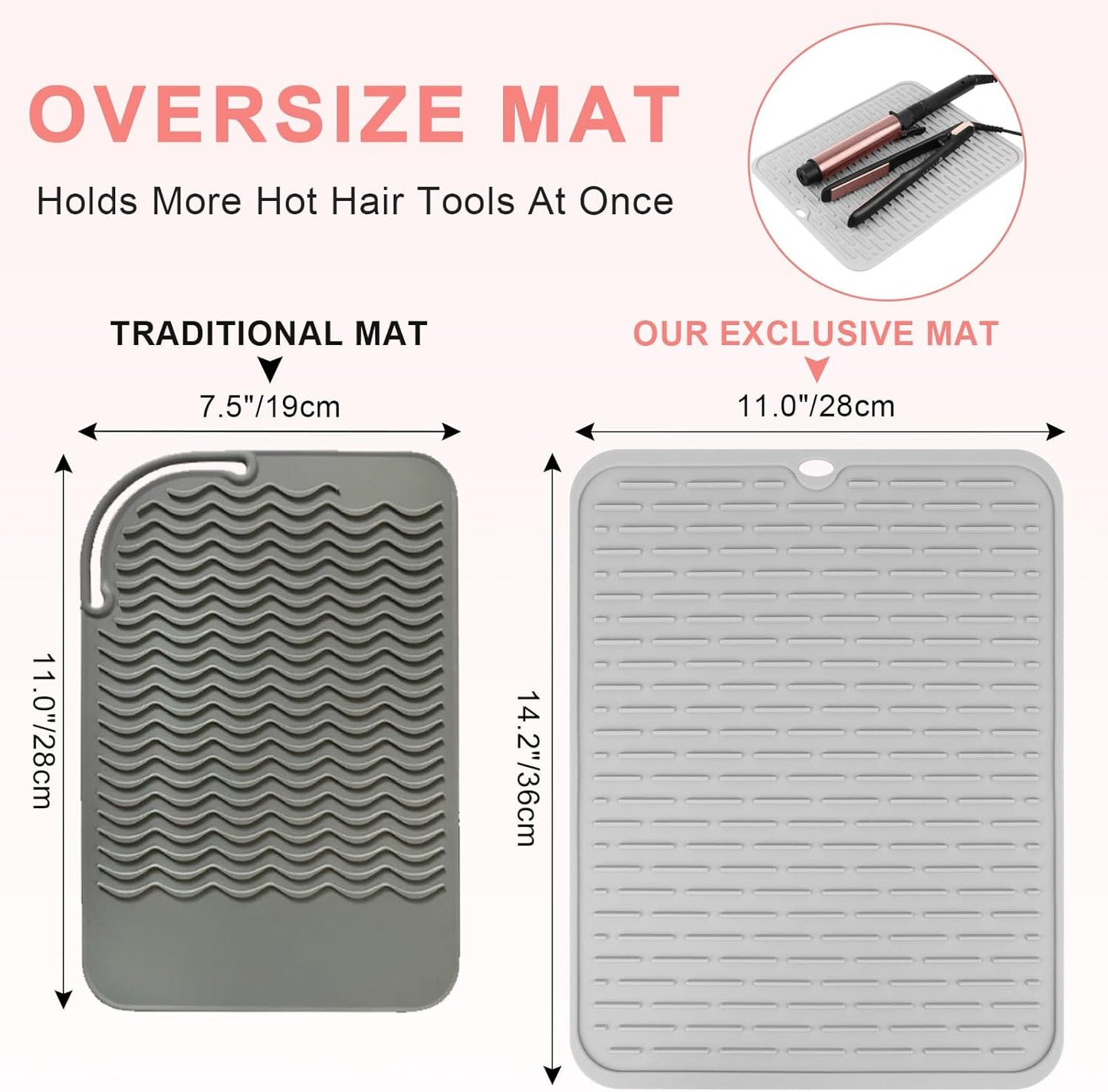 Oversize Silicone Heat Resistant Mat for Curling Irons, Flat Irons, Hair Straighteners and Hot Hair Styling Tools, Portable Hot Tools Sleeve Pad for Travel Vanity Salon(14.2" x 11.0")