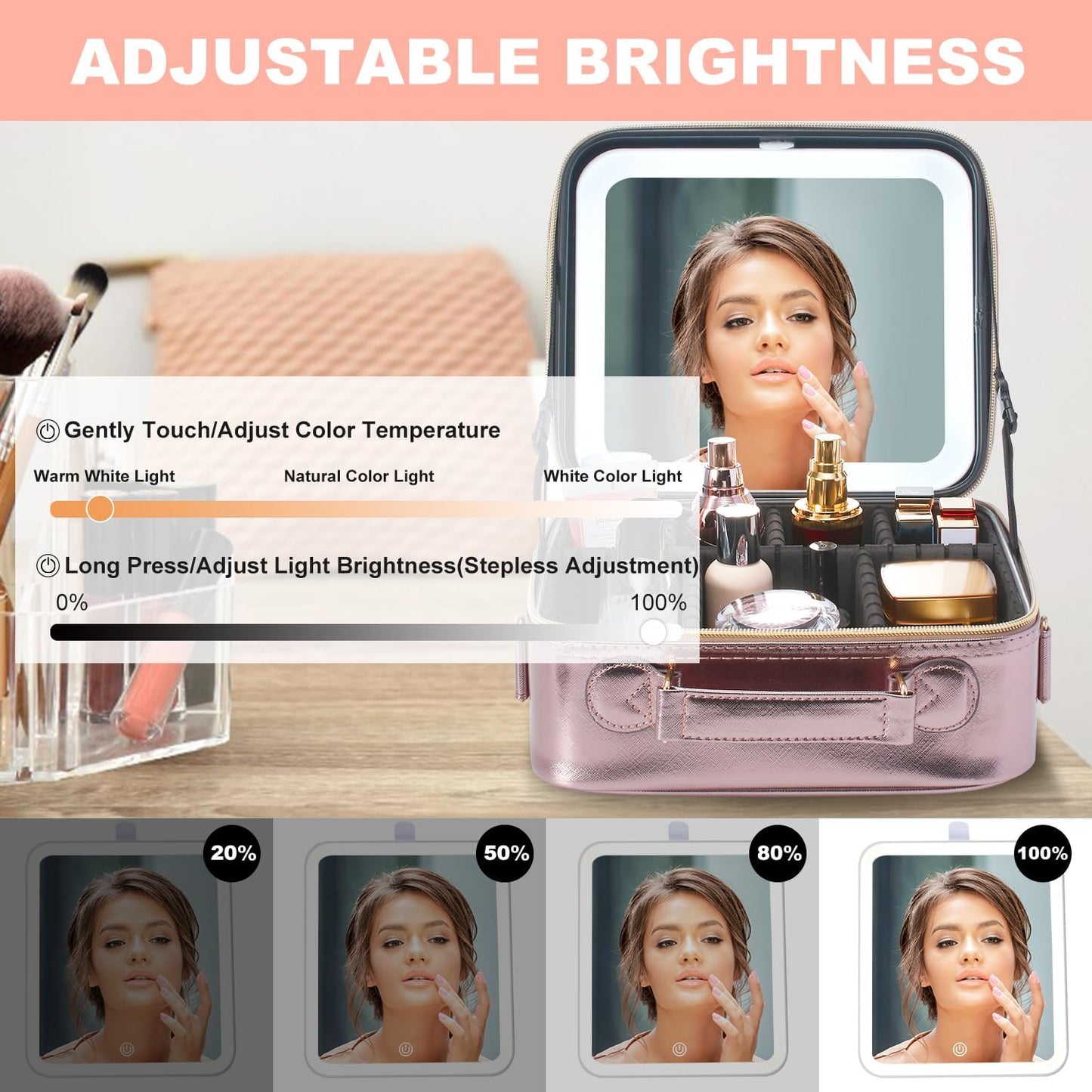 Mocado Travel Makeup Bag with LED Lighted Mirror, Travel Makeup Organizer, Makeup Case with 3 Color Lighted Setting and 10x Magnifying Mirror, Portable Storage and Adjustable Dividers (Champagne)