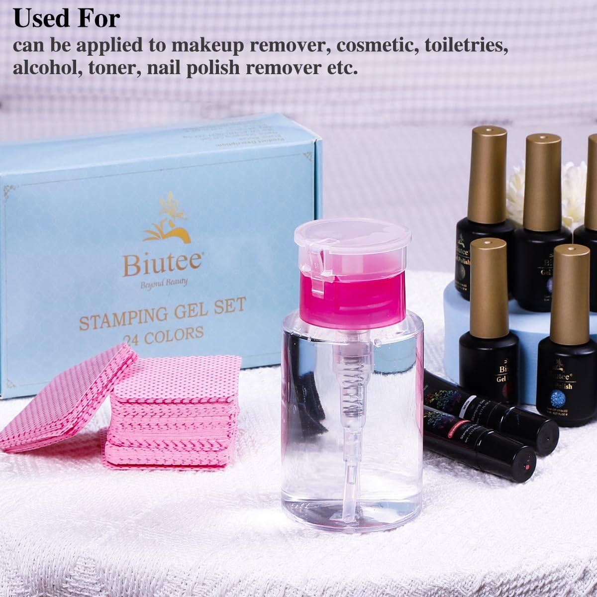 Biutee Cleaner Bottle Set for Nail Polish Remover with 1200 Lint Free Nail Wipes, 180ml Empty Push Down Pump Dispenser for Acetone, Salon Grade Manicure Cleaner Bottle & Non-Woven Nail Pads Kit