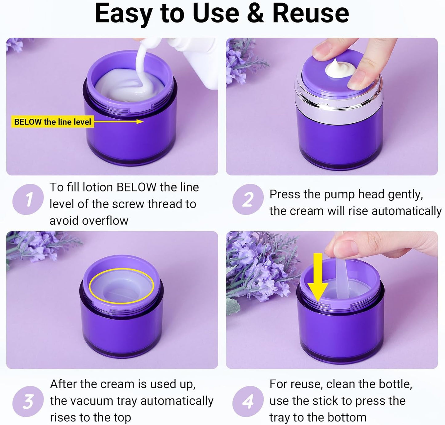 Segbeauty 1.7oz Airless Lotion Dispenser Travel Jars for Creams, 3pcs Refillable Purple Travel Size Containers Pump Bottles, 50ml Vacuum Liquid Jar Empty Toiletry Bottles, Skincare Makeup Pump Jar