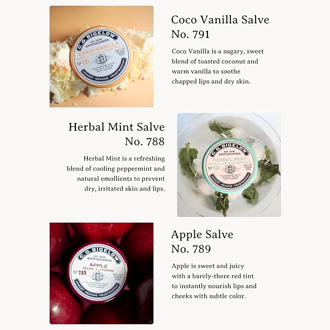 C.O. Bigelow All Purpose Salves, Variety Pack of 3 Lip Balm Tins for Chapped Lips & Dry Skin, Coco Vanilla, Apple, Herbal Mint Moisturizing Lip and Skin Salves, 0.8 oz each