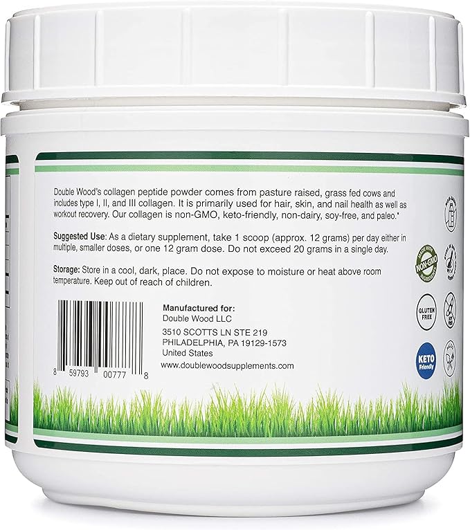 Collagen Peptides Powder - Hydrolyzed Collagen, Keto Safe - 16.08oz - Multi Type 1, 2, and 3 (Grass Fed Bovine Source)(Colageno Hidrolizado) Collagen Supplements for Women and Men by Double Wood
