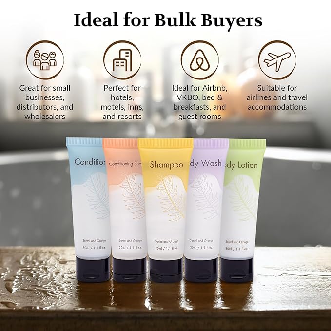 Leak-Proof Travel Size Body Lotion 1.1 Fl.oz/ 30 ml Each 100PCS Bulk Pack Hotel Body Lotion Santal and Orange Scent Amenities and Toiletries for Hospitality