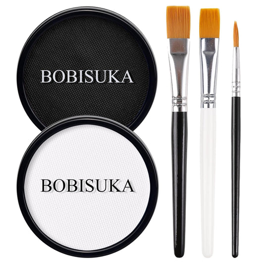 BOBISUKA Black White Face Body Paint, Water Based Face Painting Kit Body Paints with Brushes, Kids Adults Facepaint for Halloween Party Clown Joker Goth Skull SFX Makeup Costume Cosplay Stage Dress-Up
