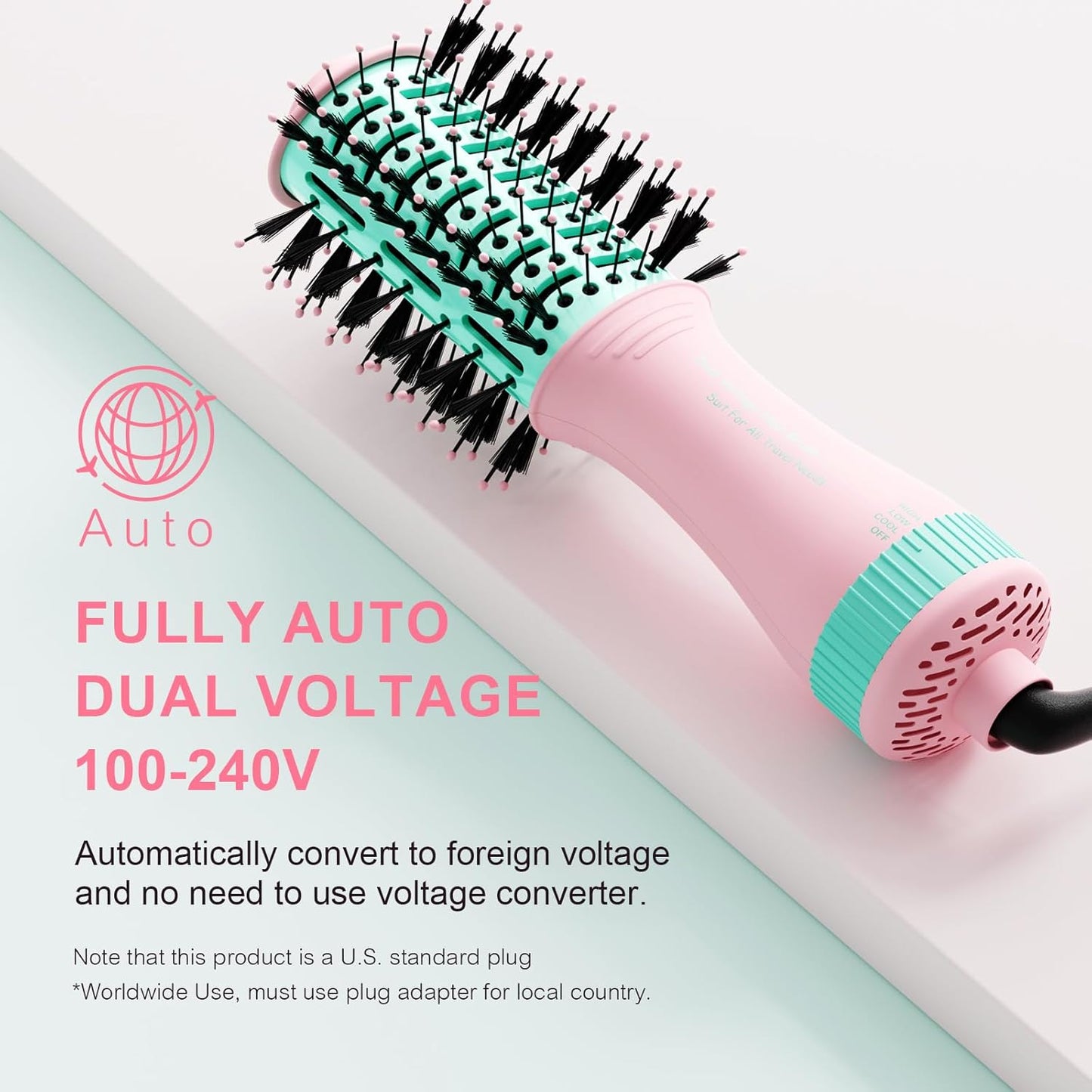 Dual Voltage Travel Dryer Styler in One, 2 Inch Oval Jet Brush for Worldwide Use, 110-240V European Hair Dryer & Volumizer with Universal Adapter