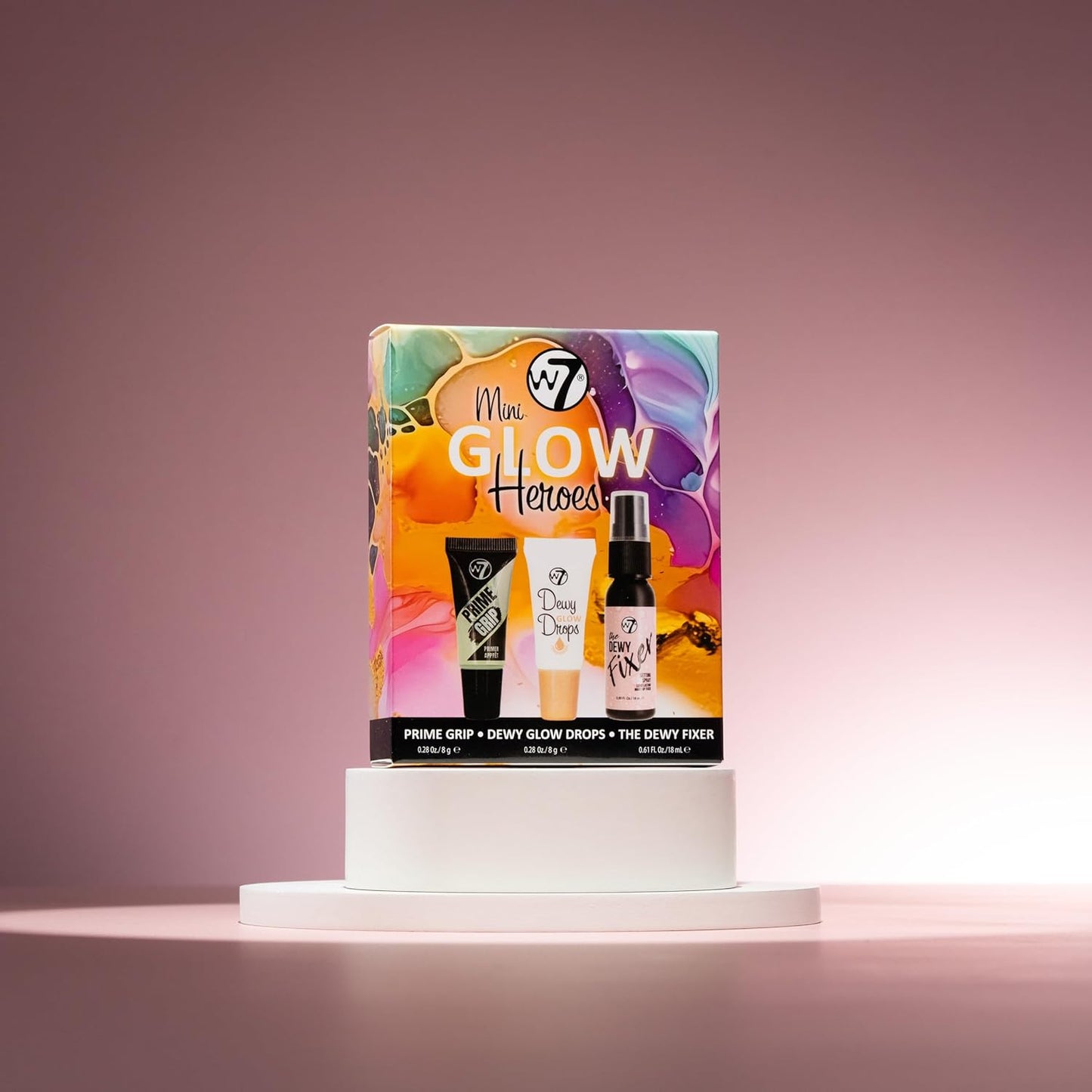 W7 Mini Glow Heroes Gift Set - Travel Size Makeup Minis with Primer, Glow Drops & Setting Spray - Stocking Stuffer