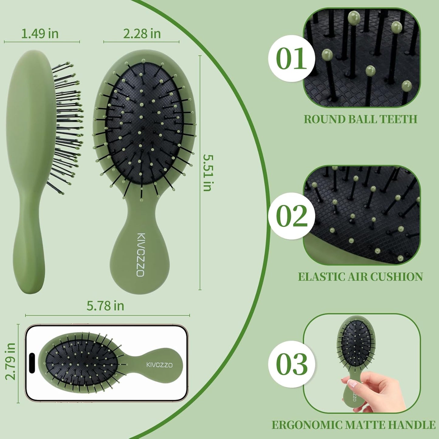 Mini Hair Brush for Detangling, Portable Travel Hairbrush for Women & Kids, Gentle Knot Detangler Brush for Wet/Dry Hair, Compact Hair Brush for Purse, Car, Backpack (2-Pack,Pink/Green/Matte)