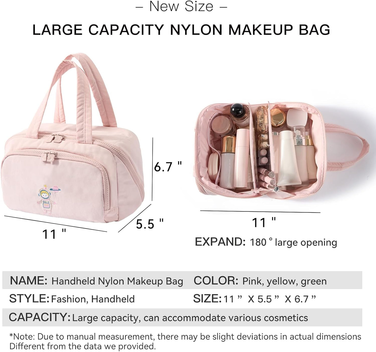 Makeup bag, Large Capacity Cosmetic Bag for Women, Portable Wide-open Toiletry Bag, Travel Makeup Bag with TPU Compartments for Accessories, Essentials, Toiletries, Makeup Brush Bag, Pink