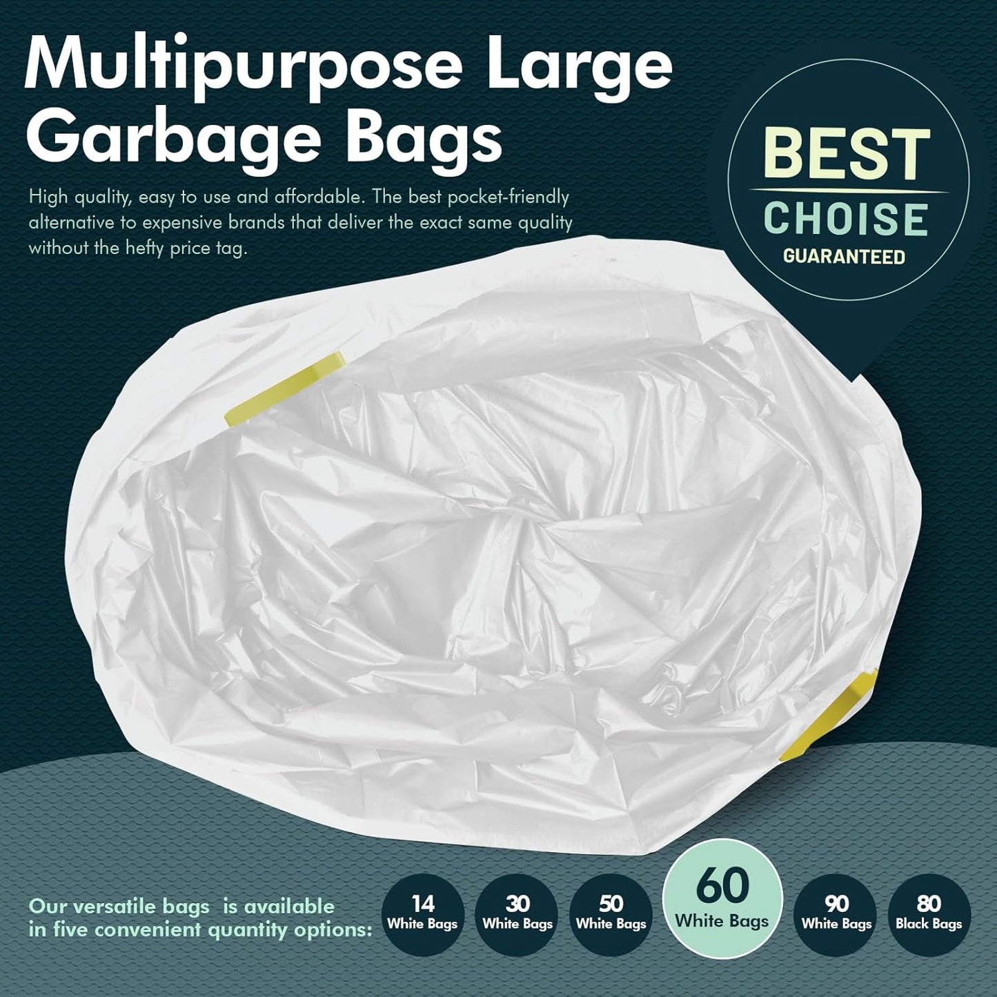 PAMI Tall 13-Gallon Kitchen Drawstring Trash Bags [60 Pack - White]- Extra-Strong Plastic Garbage Bags- Thick Trash Can Liners For Kitchen, Bathroom & Outdoor Bins- 2ft x2ft Unscented Trash Bags