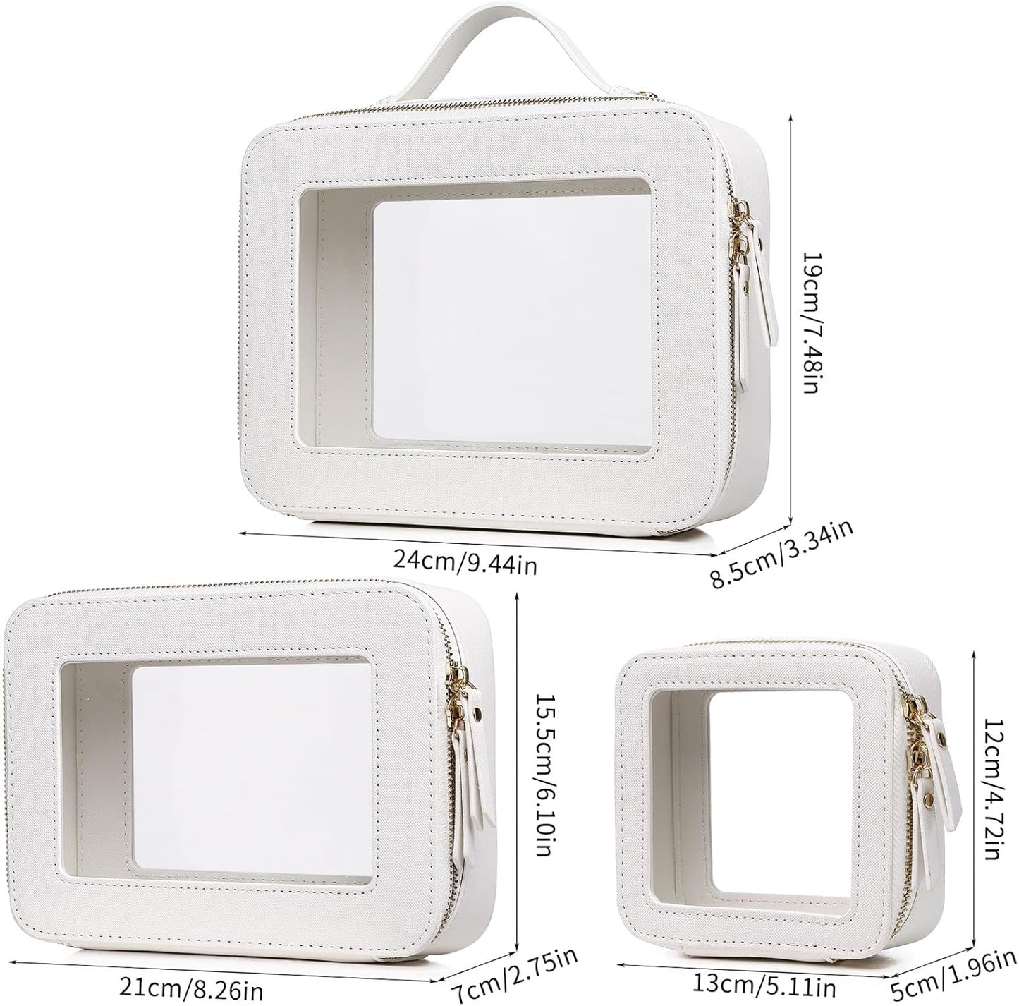 Pinkmik Clear Makeup Bag Waterproof Travel Case for Cosmetics and Toiletries Women's Purse Organizer and Clear Car Bag with Zipper (White, L+M+MINI)