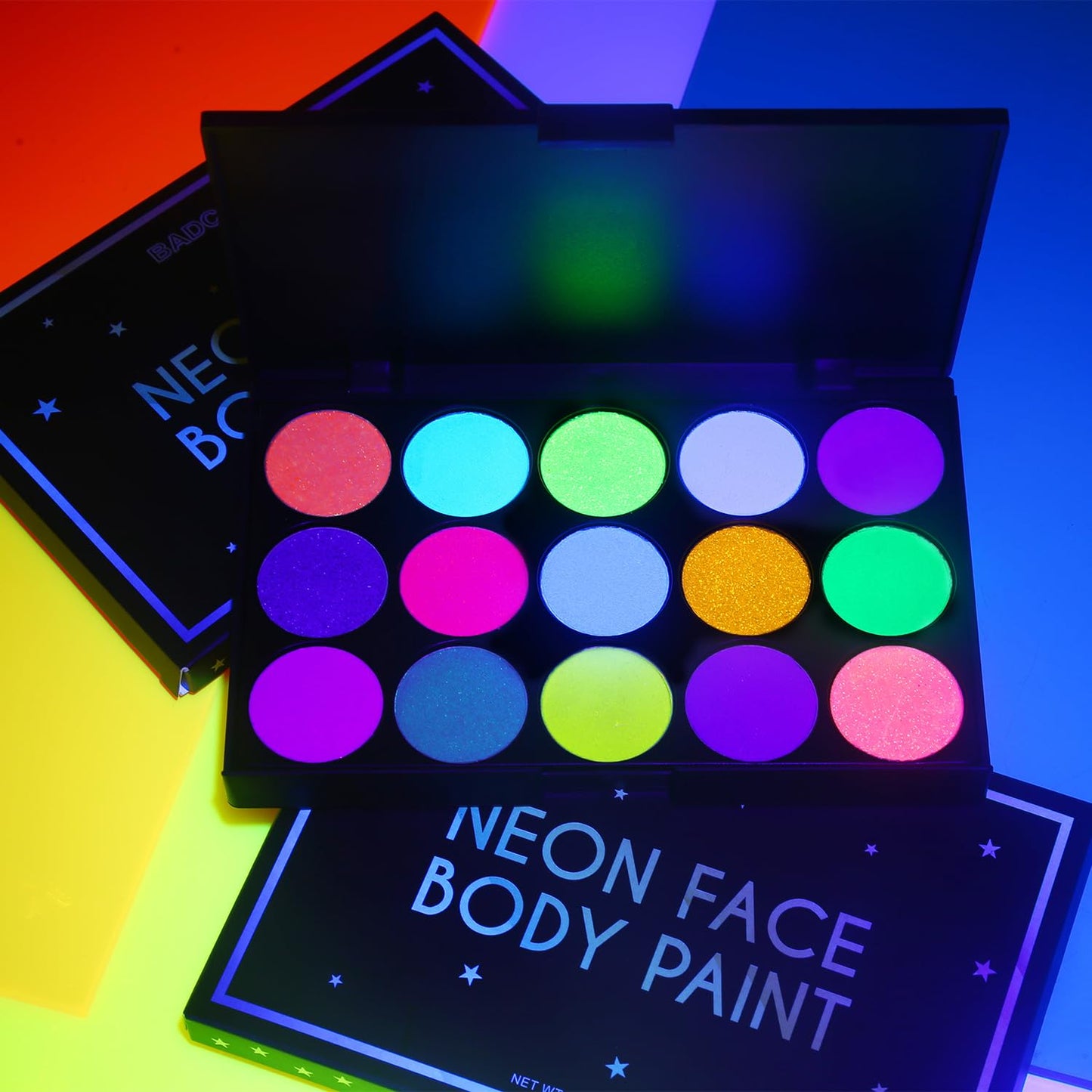 BADCOLOR Glow UV Face Paint, 15 Colors Neon Eyeshadow Palette, Water-Based UV Blacklight Face Body Paint for Kids - UV Eyeliner Makeup Palette for Halloween Glow Party Club Music Festivals