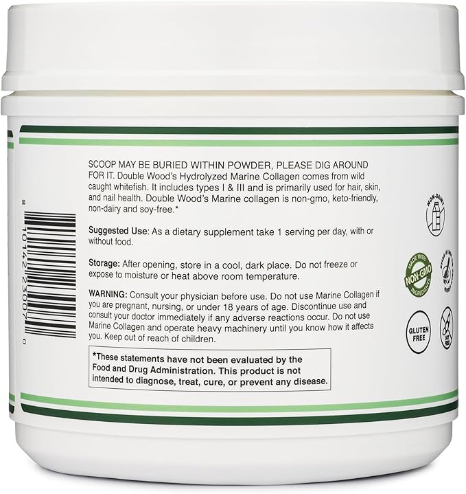 Double Wood Supplements Marine Collagen Powder (1 LB / 16 OZ of Quick Dissolve Marine Collagen Peptides) Wildcaught, Unflavored, Micronized - Scoop Included, No Fillers (38 Servings of 12 Grams Each)