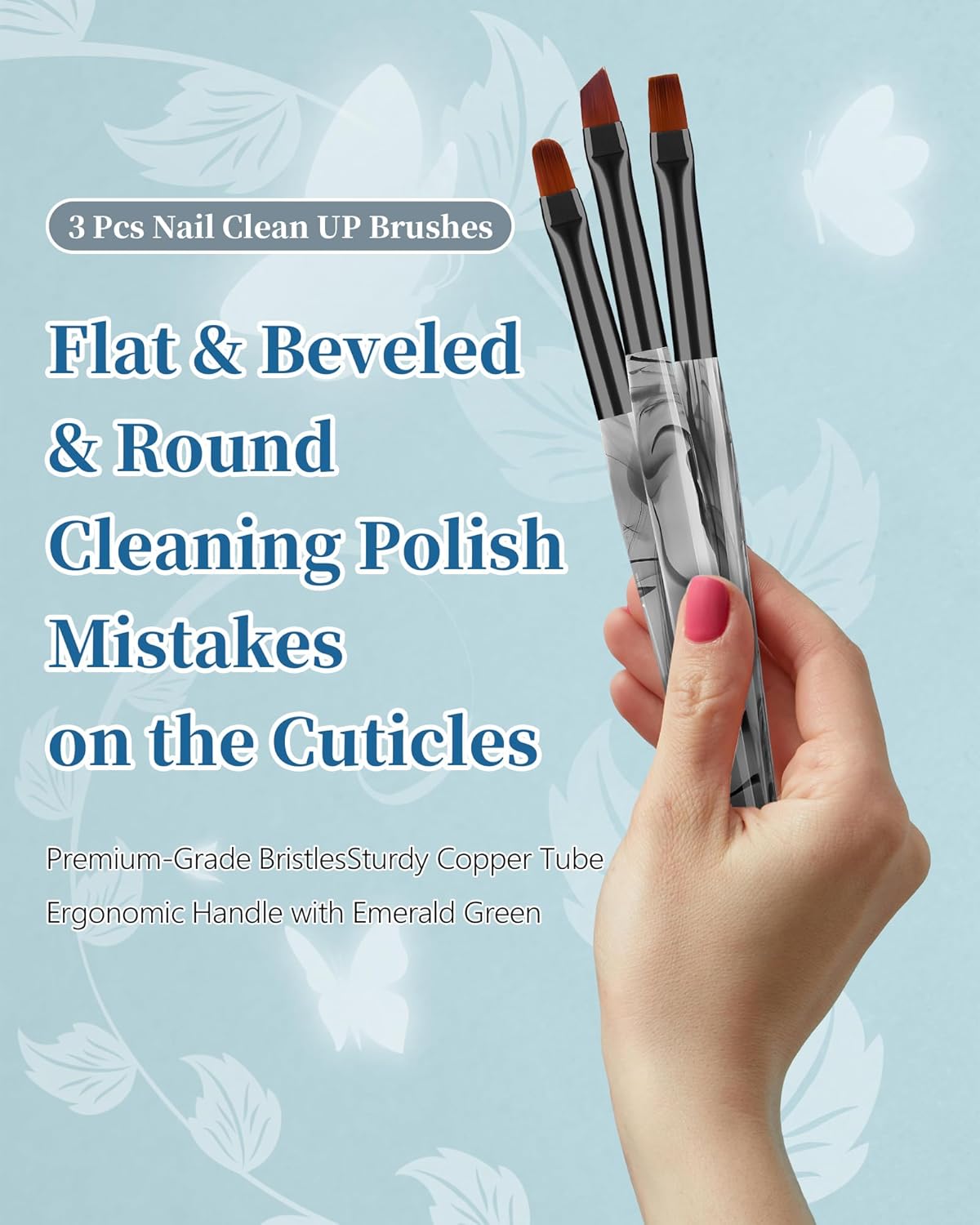 3PCS Nail Polish Clean Up Brush, Round&Falt&Angled Acetone Resistant Nail Brush for OPI Nail Polish Remover, Fingernail Cleaning Brushes at Home Nail Art and Designs(INk Black)