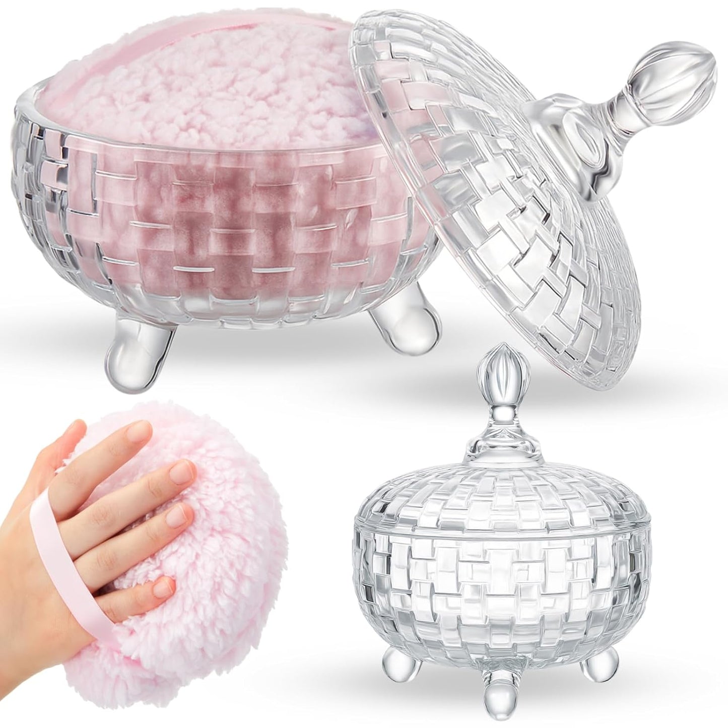 Tioncy 2 Pcs Extra Large Dusting Powder Puff and Container 6'' Body Powder Puff and Crystal Container for Women Soft Washable Reusable Velour Face(Clear)