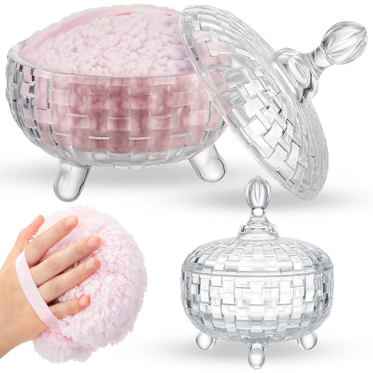 Tioncy 2 Pcs Extra Large Dusting Powder Puff and Container 6'' Body Powder Puff and Crystal Container for Women Soft Washable Reusable Velour Face(Clear)