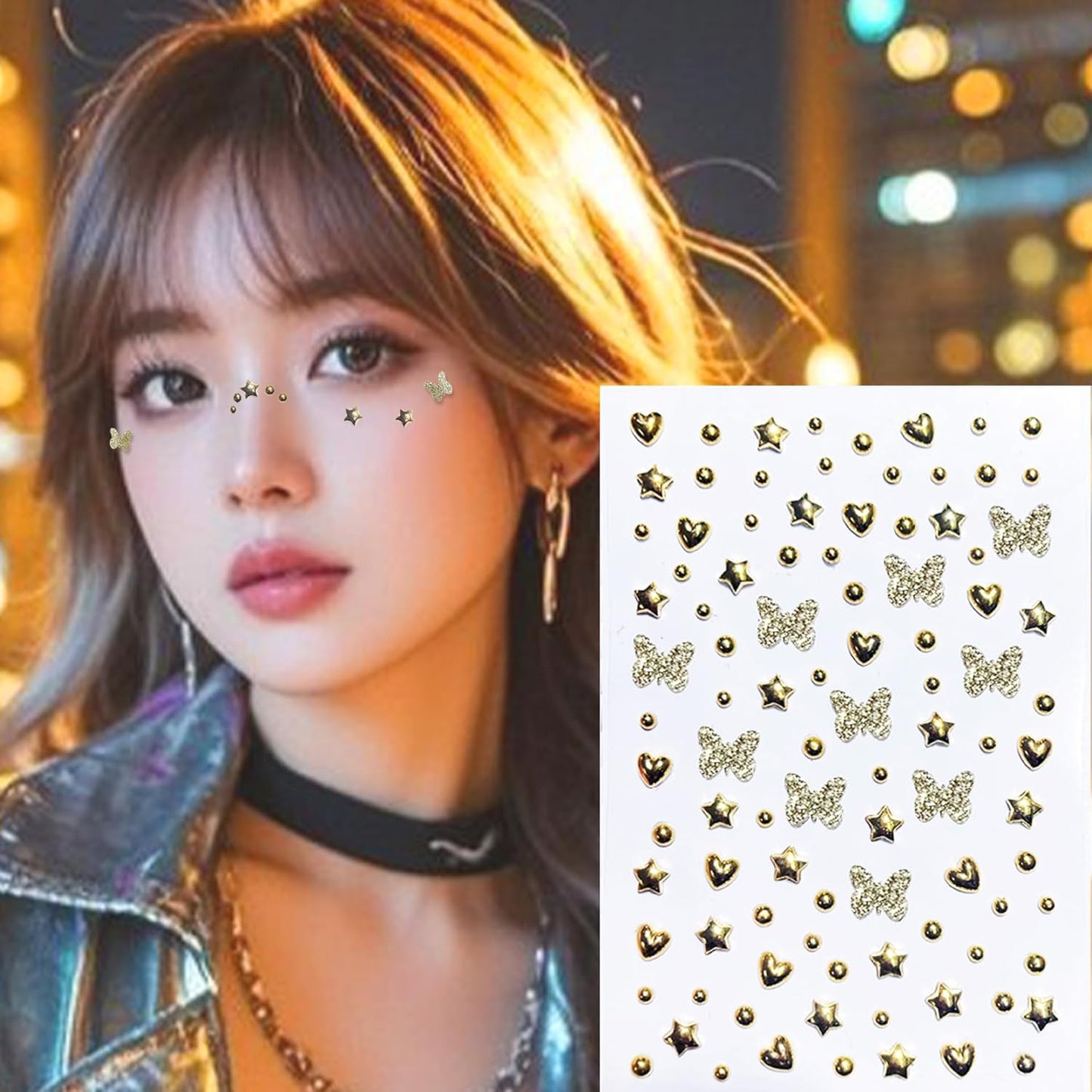 Fake Metallic Eye Corners Face Jewels Silver Gold Butterfly Face Gems Tattoo Decorations Body Glitter Crystal Sticker Temporary Tattoo, 2-Pack