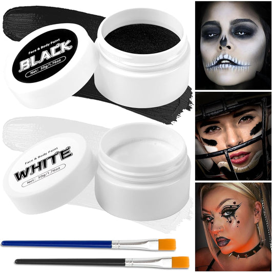 TonJin Black + White Face Body Paint Set 3.5oz/100g, Non-Toxic Professional Facepaint Makeup Kit with 2 Brushes for Kids & Adults Art Theater Halloween Party Cosplay Clown Corpse Goth SFX Makeup