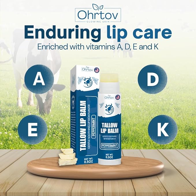 Beef Tallow Lip Balm – Natural Tallow Beeswax Chapstick – Hydrating Moisturizer Grass Fed Bison Tallow Balm Lip Care – Soothes Chapped, Dry Lips, Sensitive Skin – Long Lasting & Vitamin Rich USA-Made