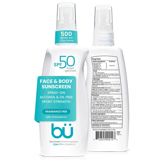 BU SPF 50 Sunscreen Spray for Face and Body, Fragrance Free, Clear, Non Greasy, Water Resistant, for Sensitive Skin, 3.3 oz
