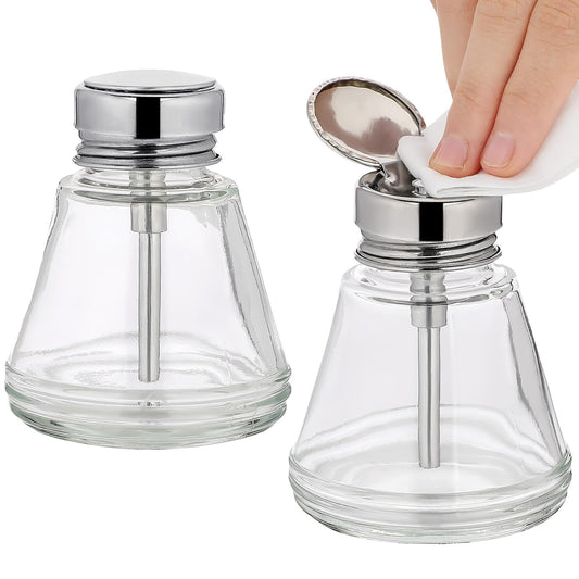 Lallisa 2 Pcs 6 Oz/ 180 ml Pump Dispenser Bottle Empty Push Down Glass Dispenser Bottle with Flip Metal Cap Makeup Remover Alcohol Pump Sanitizer Container for Nail Polish