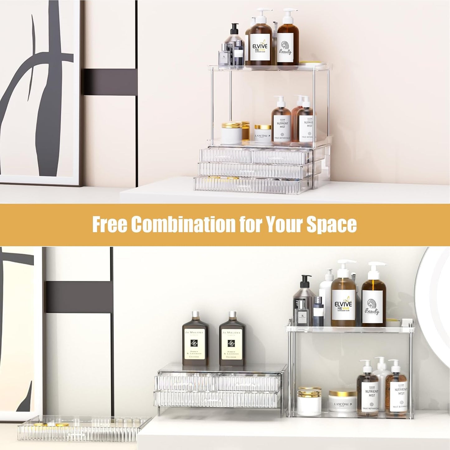 Acina 2-Tier Bathroom Organizer Countertop: Multi-Purpose Makeup Organizer - Large Skincare Exquisite Vanity Organizer for Cosmetics, Perfume Amber Clear