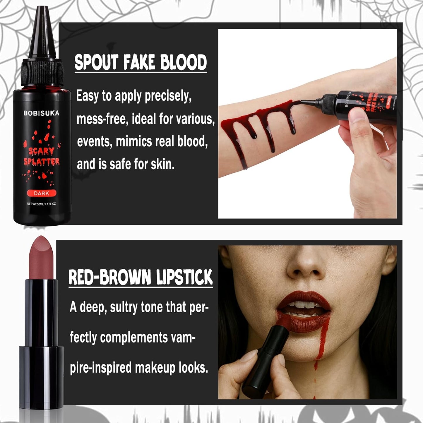 BOBISUKA Halloween Vampire Makeup Kit with Fake Blood, Red Brown Lipstick, 3 Pairs Vampire Teeth, Horror Cosplay Costume Accessories for Halloween, Vampire, Costume Party