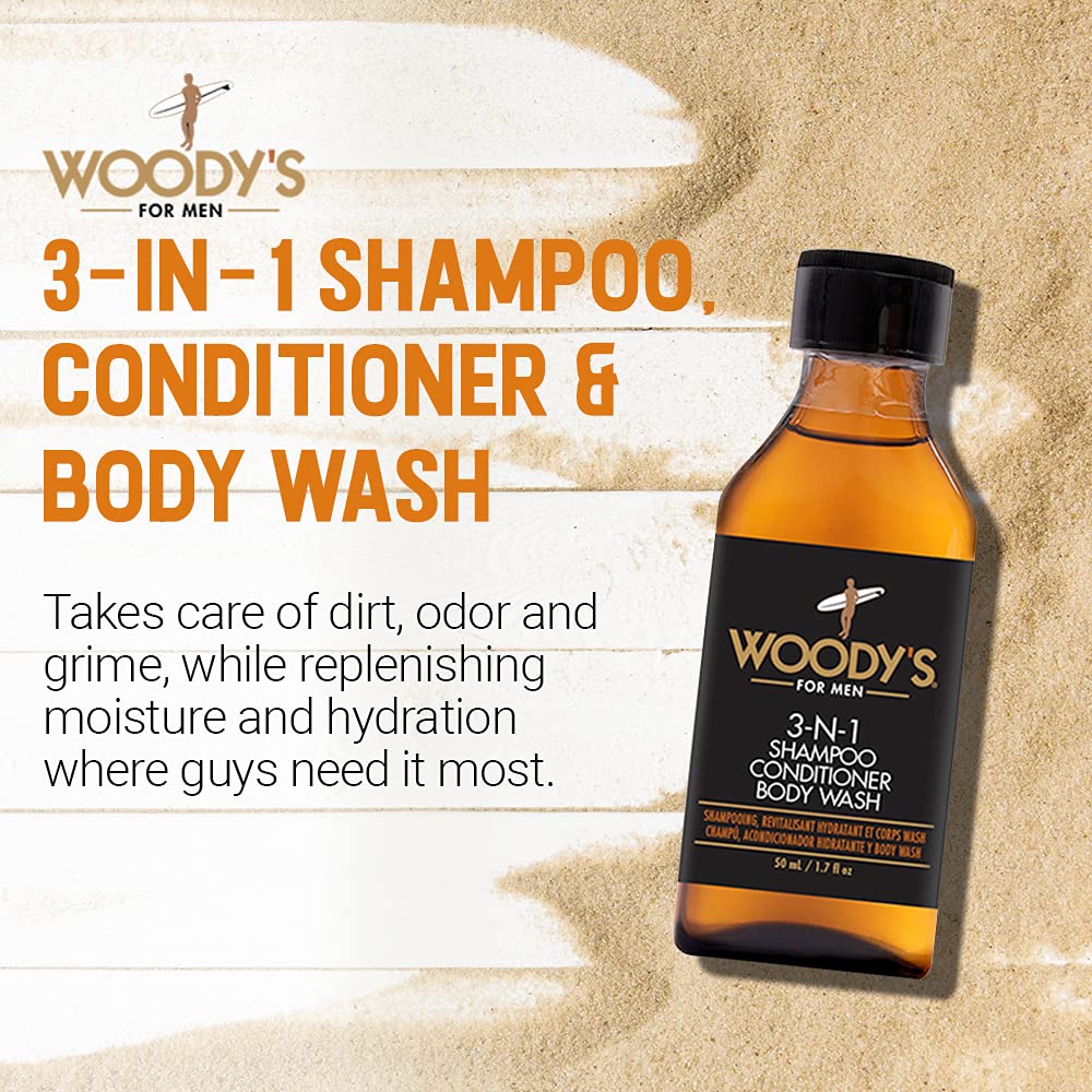 Woody's 3-in-1 Shampoo, Conditioner, & Body Wash for Men, Travel-Size, Refreshing All-in-One Hair & Body Cleanser, 1.7 fl oz, 2 Pack