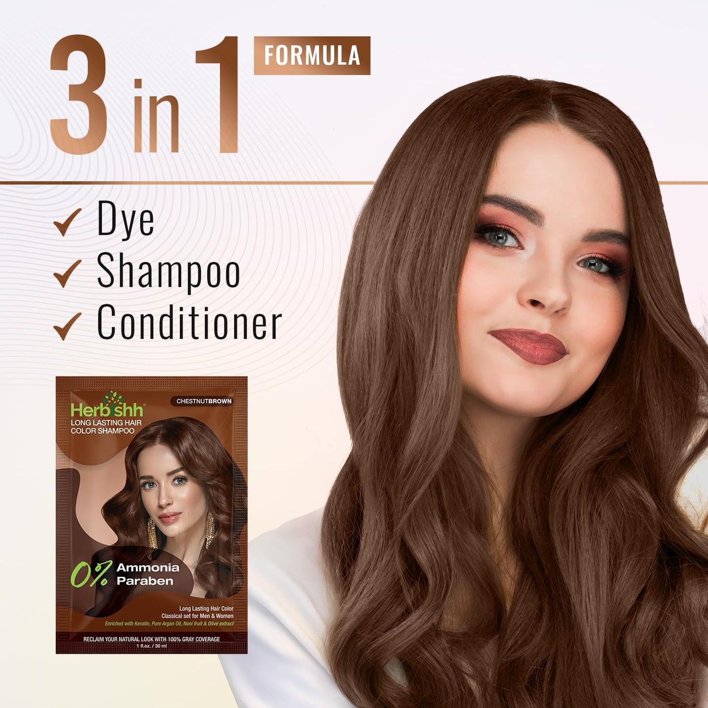 Herbishh Chestnut Brown Shampoo for Gray Hair, Hair Dye Shampoo 3 in 1, 100% Grey Coverage, Instant Permanent Shampoo for Men & Women, Long-lasting & Travel-friendly, Ammonia-free, 30 ml (Pack of 5)