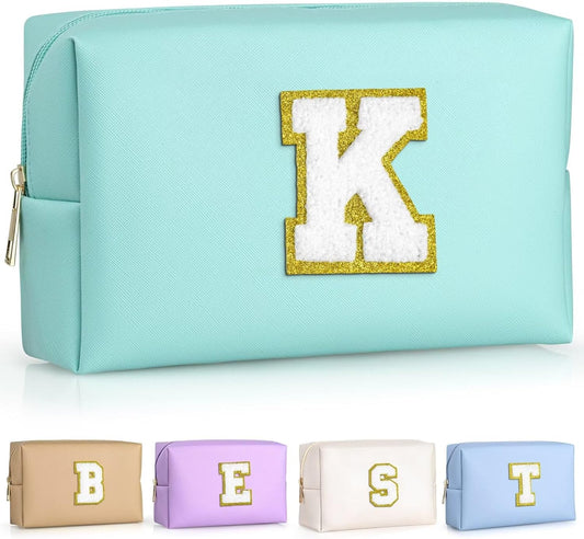 TOPEAST Initial Cosmetic Bag, PU Leather Waterproof Travel Toiletry Bag, Monogrammed Gifts for Women, Personalized Birthday Gift for Sister Friends, Cute Stuff for Girls (Blue K)