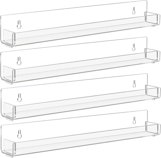 4 Pack Clear Nail Polish Rack Wall Mounted,15 inch Invisible Acrylic Floating Bookshelf,Small Toy Storage Wall Shelf Modern Picture Ledge Vinyl Record Display Shelf Holder