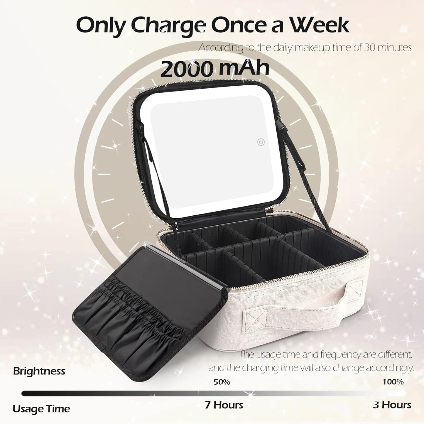 MOMIRA Travel Makeup Bag Cosmetic Bag Makeup Organizer Bag with Lighted Mirror, Adjustable Brightness in 3 Color Scenarios, Waterproof Makeup Train Case, Gift for Women - Khaki