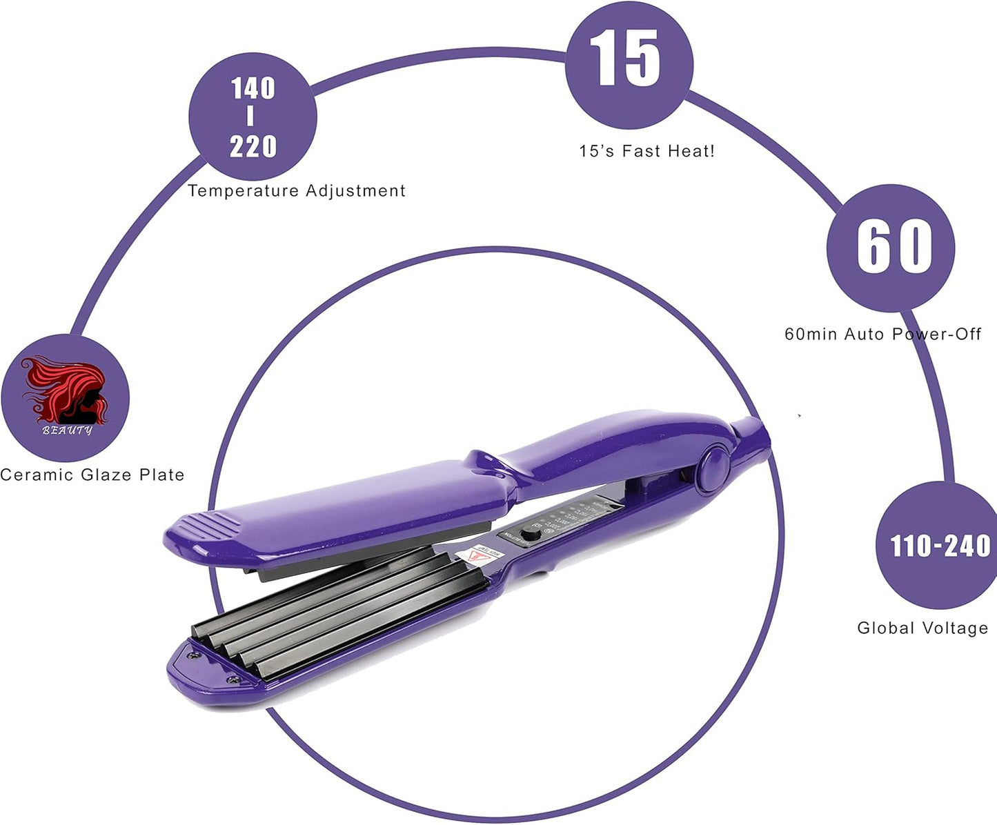 MBHAIR Ceramic Crimper Iron for Volumizing Fluffy Hairstyle, Corrugation Crimper Hair Iron, Anti Static Ceramic Hair Crimping Iron Adjust Temperature (Purple)