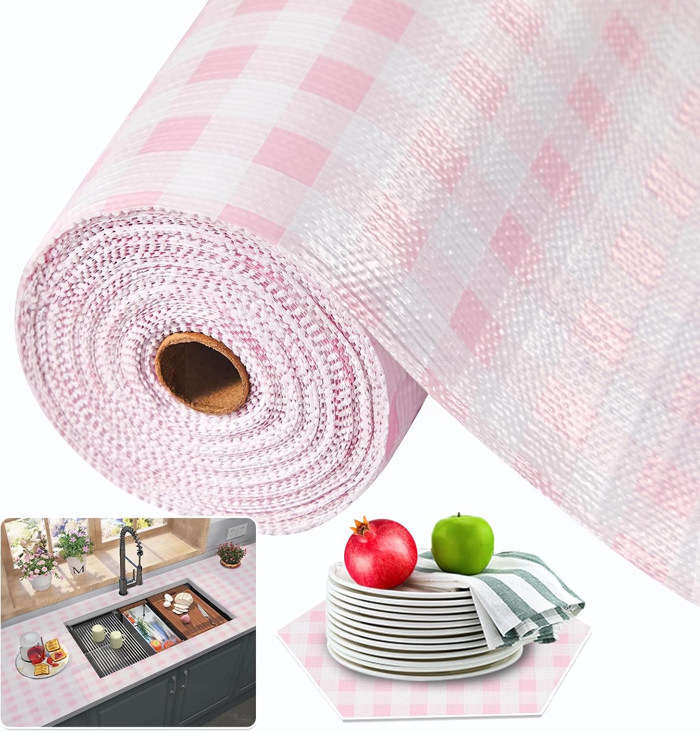 Beautysaid Shelf and Drawer Liner for Kitchen Cabinet, Non Adhesive Non Slip Shelf Paper Waterproof Washable Thickened for Dresser Pantry Shelve Bathroom Protector Liner(Pink Checkered,12 in x 30 FT)