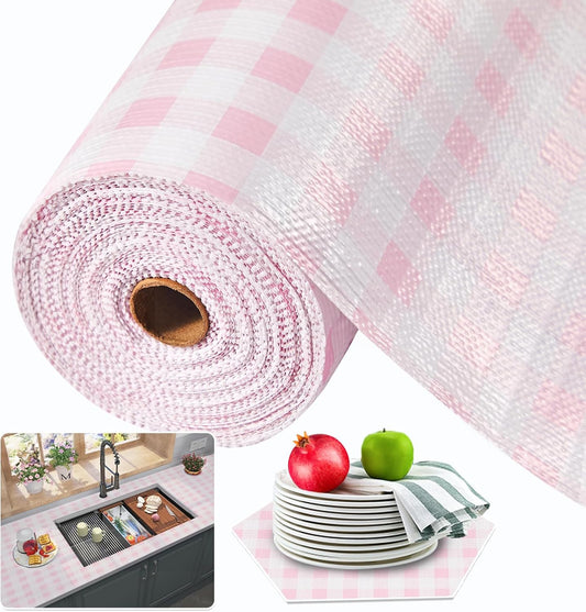 Beautysaid Shelf and Drawer Liner for Kitchen Cabinet, Non Adhesive Non Slip Shelf Paper Waterproof Washable Thickened for Dresser Pantry Shelve Bathroom Protector Liner(Pink Checkered,12 in x 30 FT)