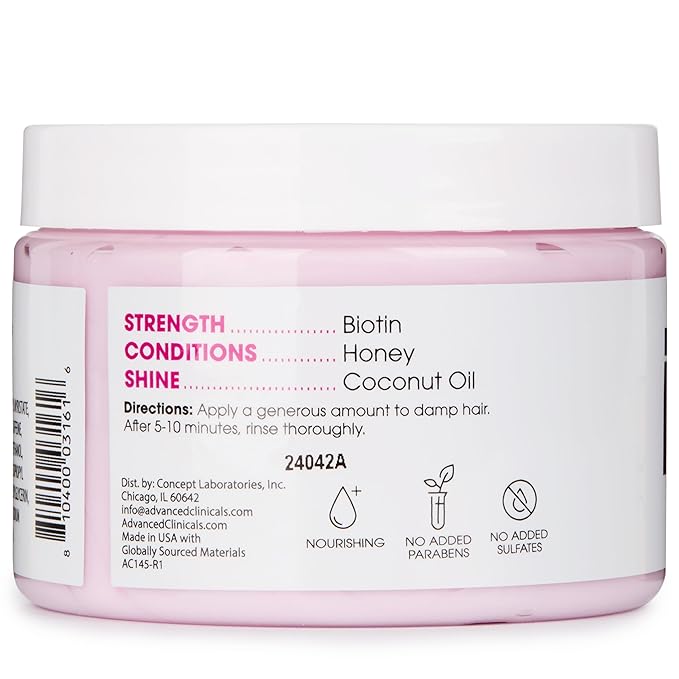 Advanced Clinicals Biotin Hair Treatment Anti-Breakage Repair Hair Mask. Strengthen Broken, Color-Treated Hair W/Repairing Deep Conditioner Manuka Honey & Caffeine, Hydrating Mask Restores Weak Hair