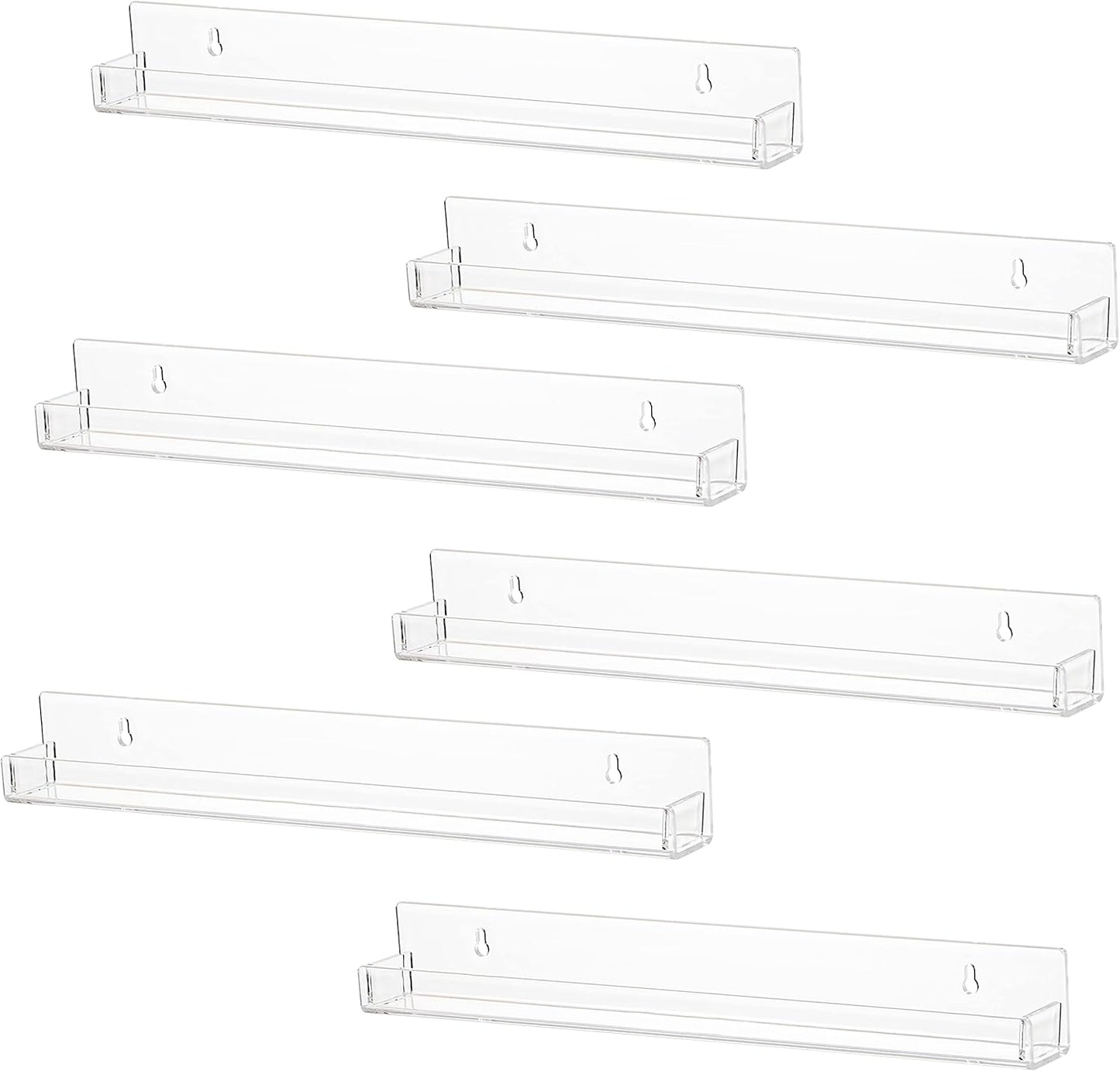 LikeU 6 PCS Clear Acrylic Floating Shelves Book Shelf Display Ledge,5 MM Thick Wall Mounted Storage Shelf for Nursery Decor,Invisible Kids Bookshelf and Small Toy Storage,15 Inch